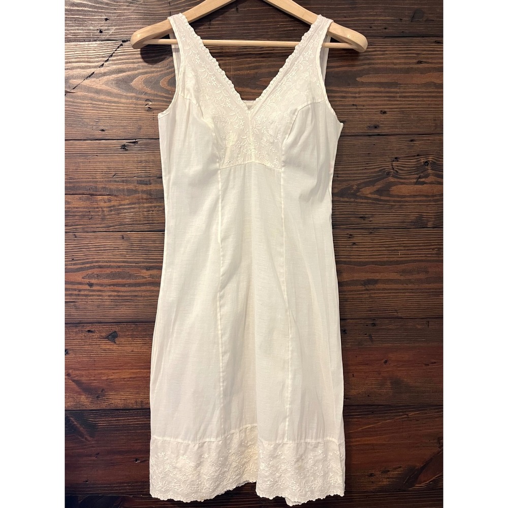 Vintage Mid-Century Full Slip Nightgown Dress Women S White Embroidered Trim